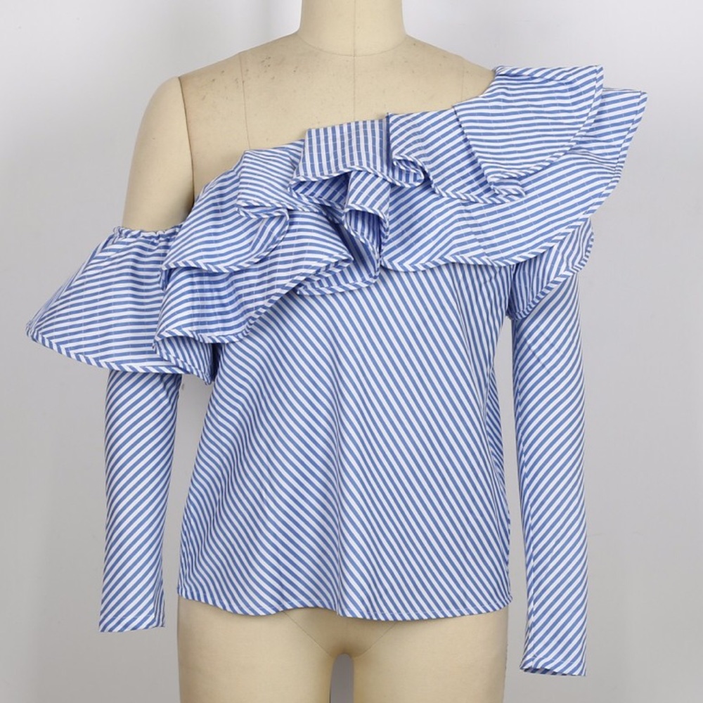 One Left! One Shoulder Striped Blue Ruffle Top - Picture 6 of 8